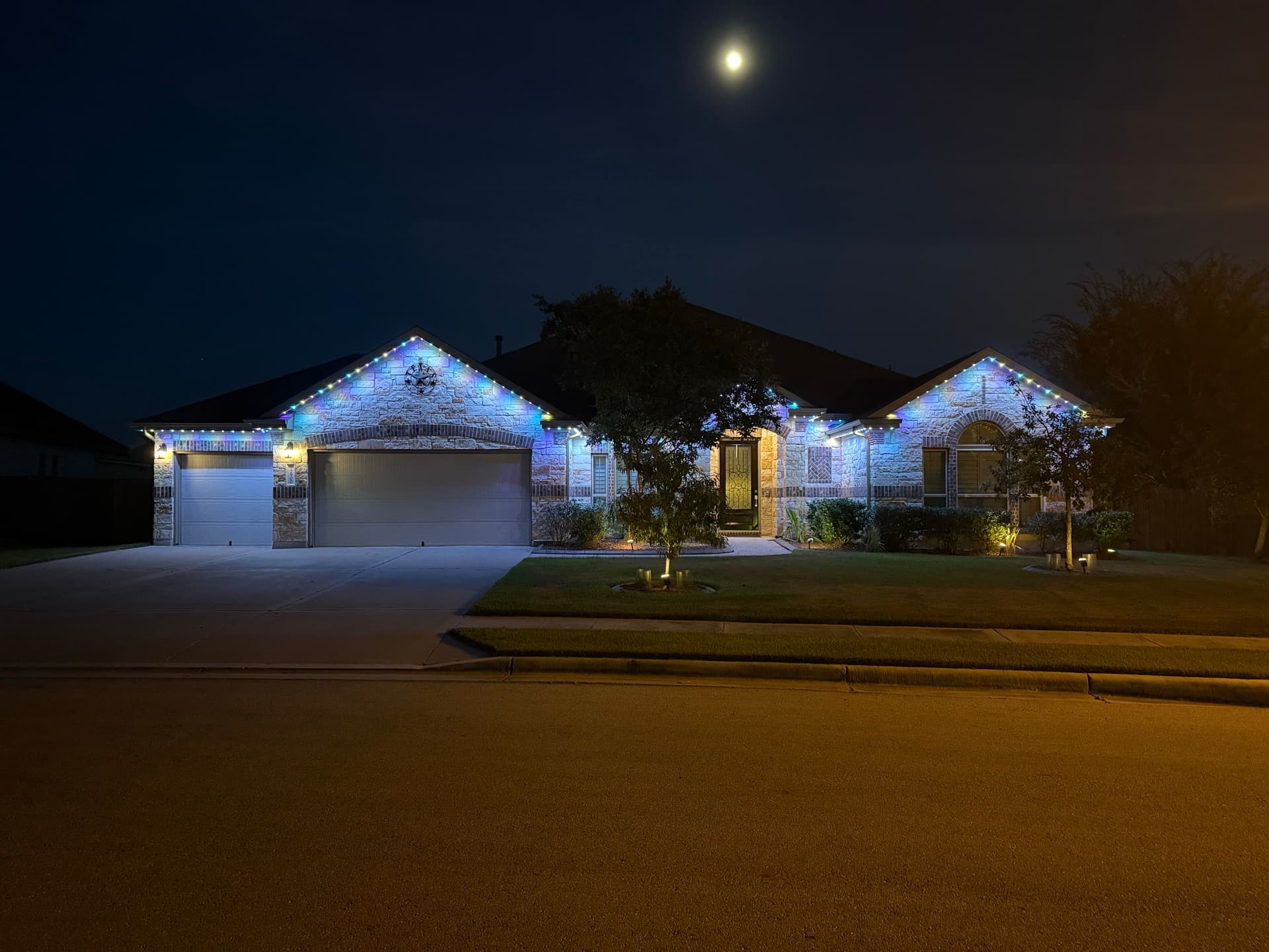 Permanent LED lighting on an Austin home providing year-round value