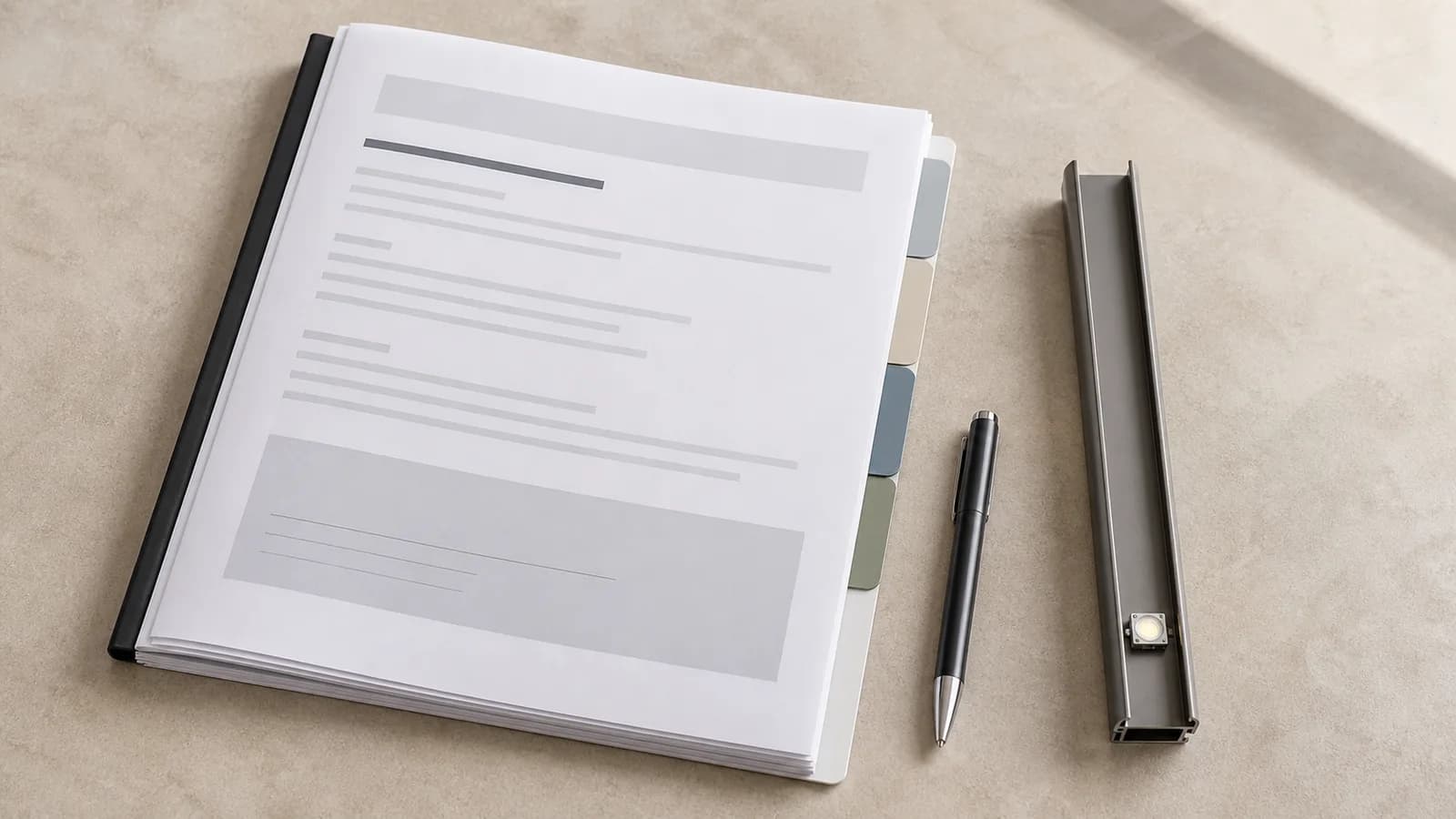 Color-matched aluminum lighting track beside a printed section list from a blank architectural review packet