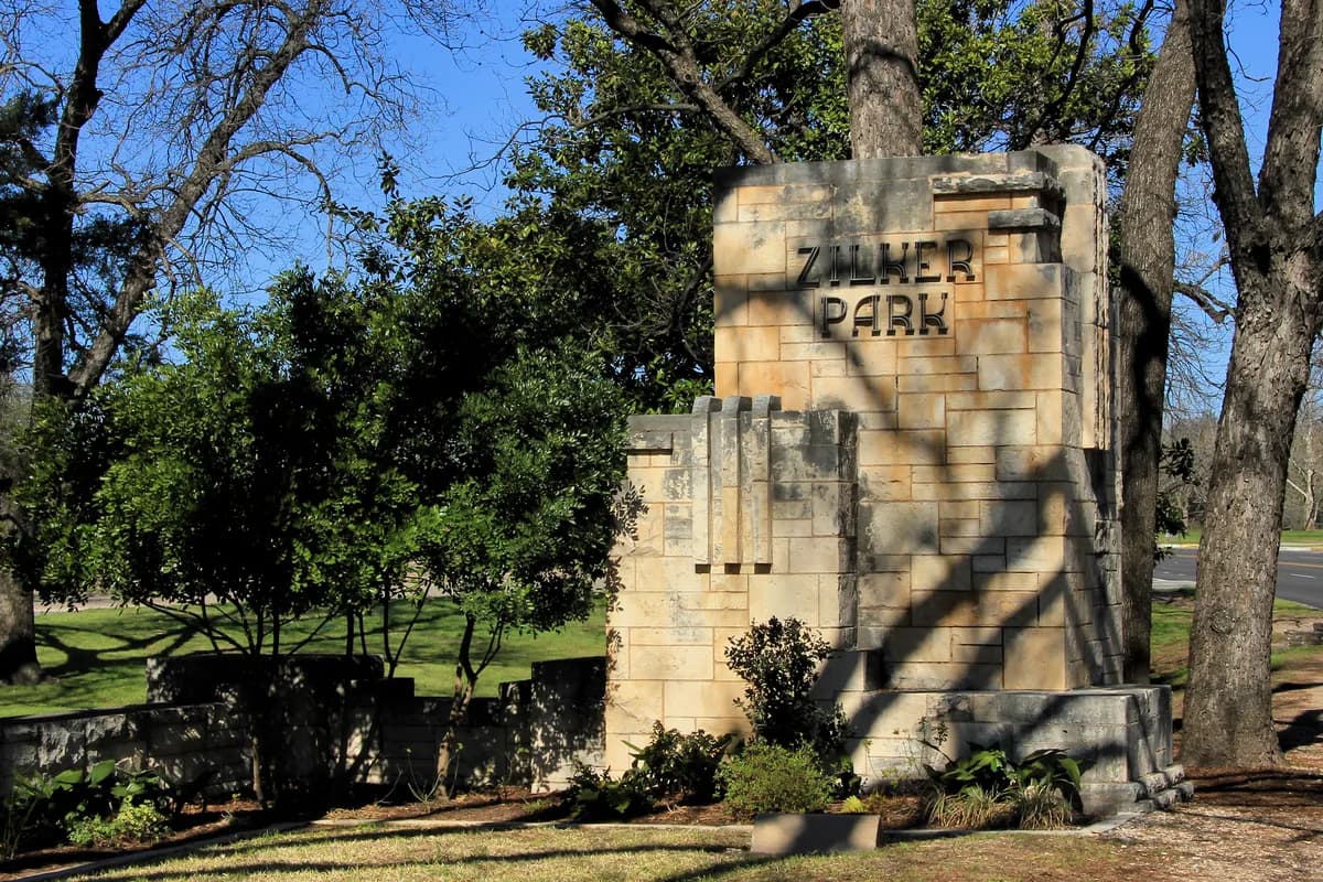 Stone entrance marker at Zilker Park in Austin