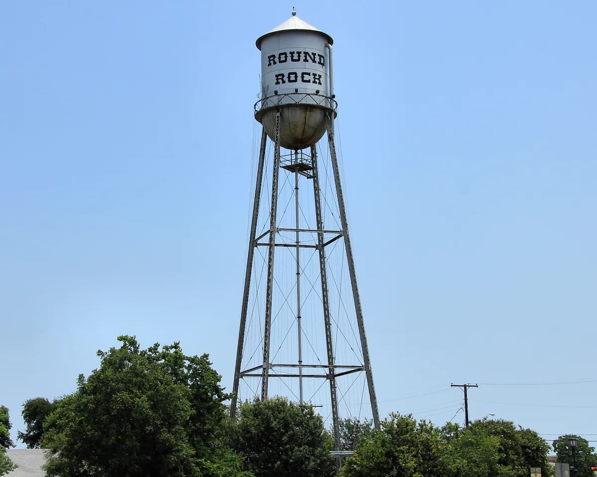 Round Rock's historic water tower with the city name painted on its tank