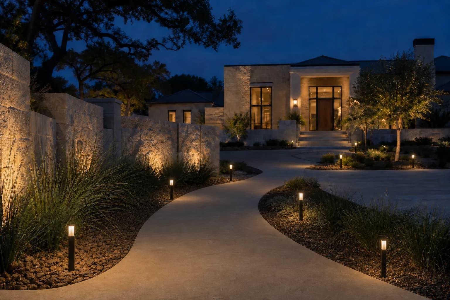 Compact pillar lights guiding the entry walk to a fictional luxury Texas home