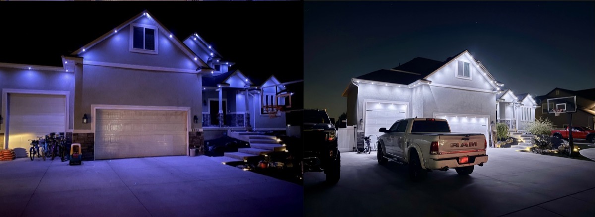 Side-by-side comparison of RGB-only versus RGBW pure white permanent lighting showing the difference in white quality on Austin Hill Country home